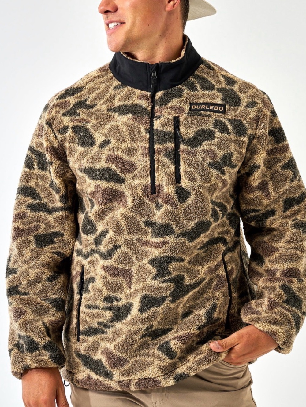 NWOT*BURLEBO Men’s Camo Sherpa Pullover Jacket - Tan & Green SZ M